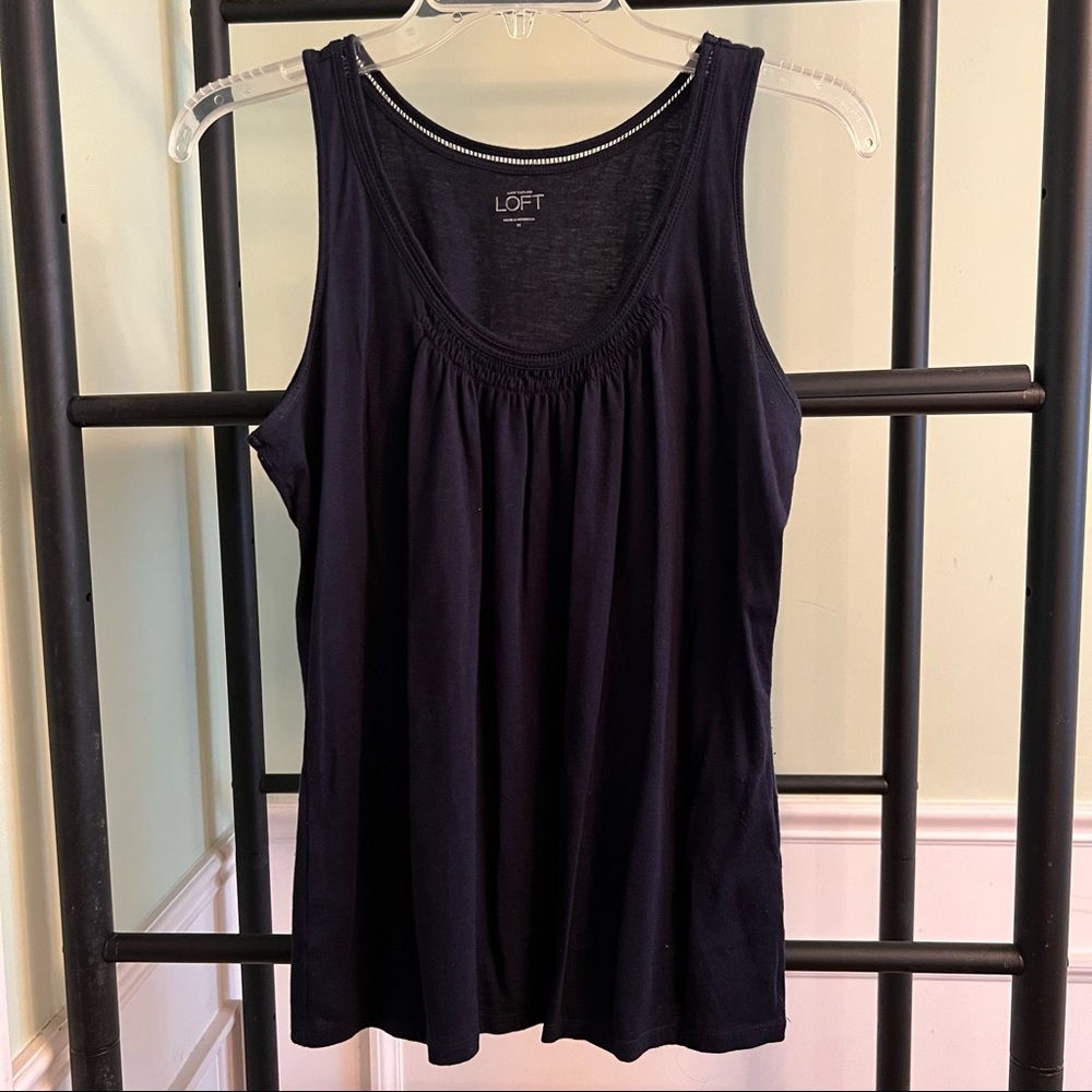 LOFT navy blue delicate tank with ruching and cut-out detail size Medium